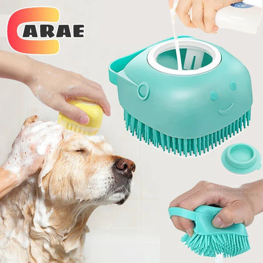 Cepillo de baño para perros y gatos | Masajeador suave de silicona con dispensador de champú